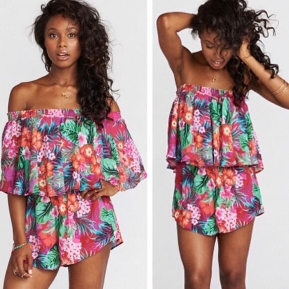 Show Me Your Mumu Rosarita Off The Shoulder Romper Pink Tropical - Picture 1 of 12